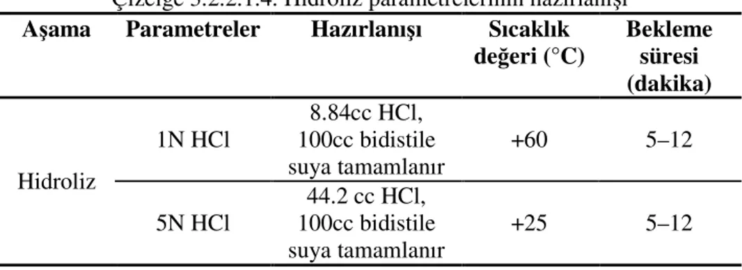 Çizelge 3.2.2.1.4. Hidroliz parametrelerinin hazırlanışı  Aşama  Parametreler  Hazırlanışı  Sıcaklık  