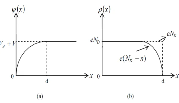 Şekil 3.14.  Metal n-tipi yarıiletken doğrultucu kontağın a) Potansiyel dağlımı b) Yük dağılımı