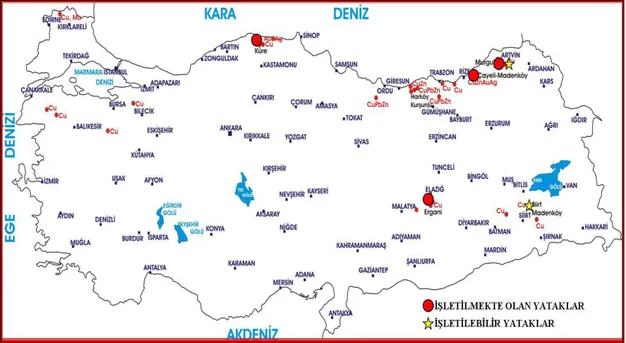 Şekil 1.8. Türkiye’deki İşletilebilir ve İşletilmekte Olan Bakır Madenleri (MTA) 