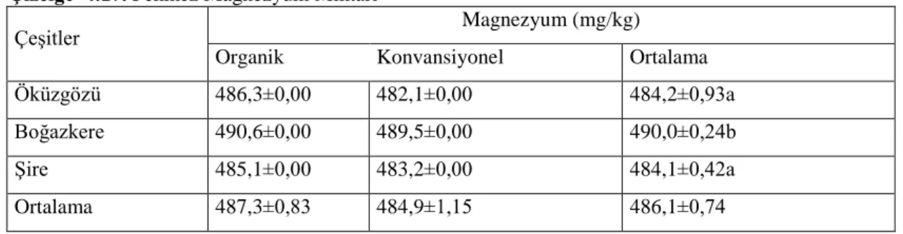 Çizelge  4.17. Pekmez Magnezyum Miktarı  