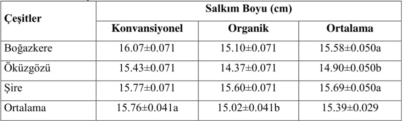 Çizelge 4.5. Organik ve konvansiyonel uygulamaların Öküzgözü, Boğazkere ve Şire üzüm çeşitlerinin 