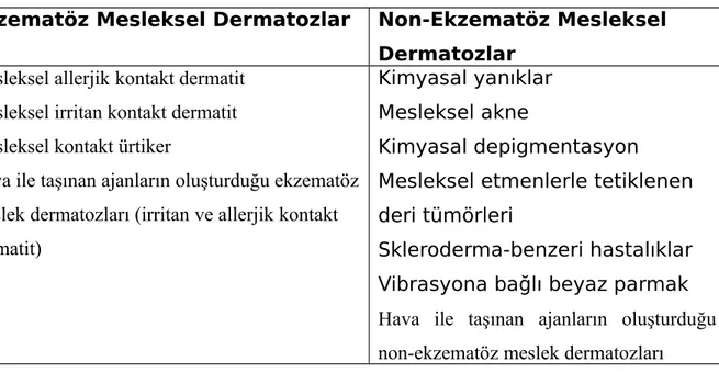 Tablo 1: Meslek dermatozlarının sınıflandırılması (1,8)