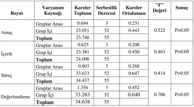 Tablo  40’ta  görüldüğü  gibi,  öğretim  elemanlarının  branşlarına  göre,  öğretmen  yetiştirme  programının  uygunluğuna  ilişkin  görüşleri  arasında  tüm  boyutlarda  anlamlı  fark olmadığı görülmektedir