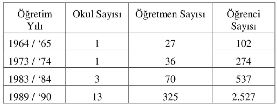 Tablo 9. Fen Liselerinin Yıllar İçindeki Gelişimi 
