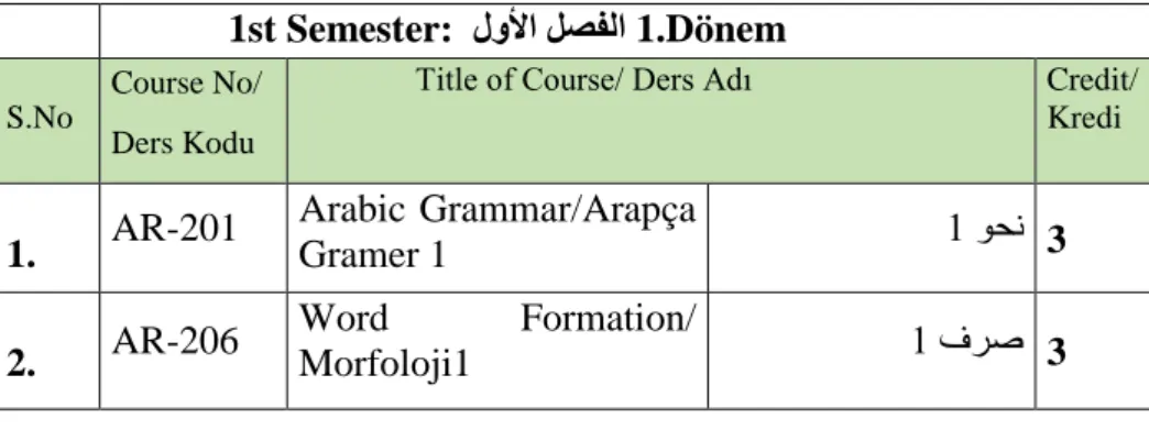 Tablo 4: Lisans Dersleri: 1. Dönem 