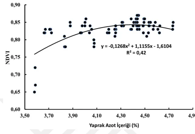 Şekil 4.3. Yaprak azot içeriği ile normalize edilmiş fark bitki örtüsü indeksi arasındaki değişim 