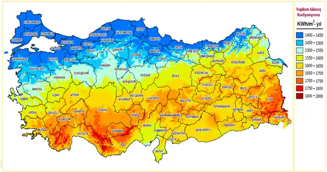 Şekil 1.2. Türkiye’de toplam güneş radyasyon dağılımı (kWh/m2-yıl) (GEPA) 