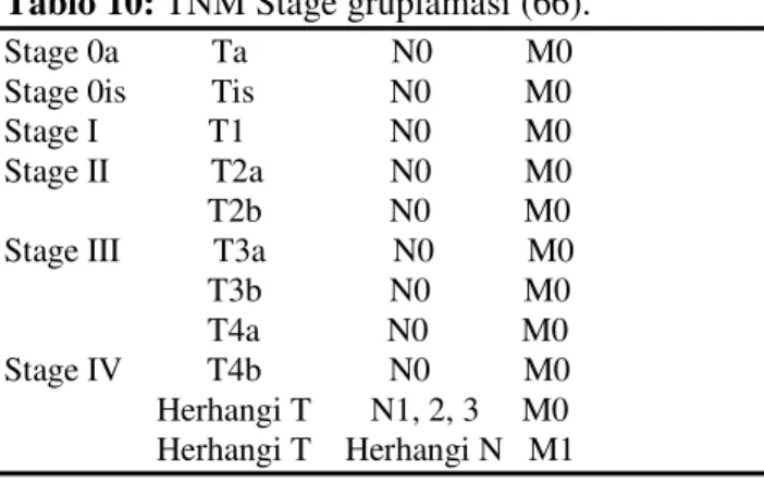Tablo 10: TNM Stage gruplaması (66).   Stage 0a           Ta                 N0           M0  Stage 0is          Tis                N0           M0  Stage I             T1                 N0           M0  Stage II            T2a               N0           