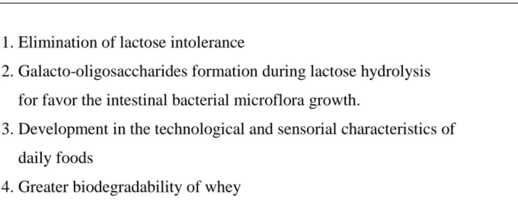 Table 2.7:  Shows various β-galactosidase applications (Jurado et al. 2002, Kara 2004)