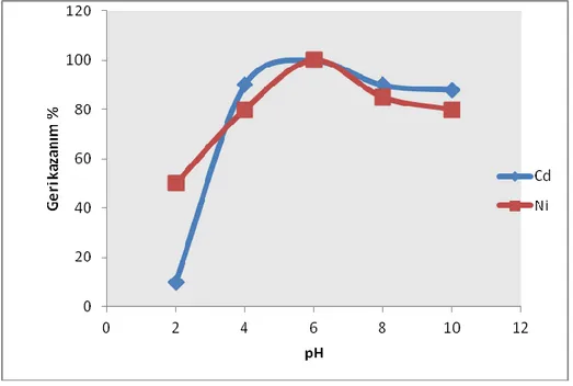 Şekil 4.1 Cd(II) ve Ni(II) iyonlarının geri kazanılmasına pH’ın etkisi. 