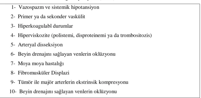 Tablo 5: İskemik inmenin diğer etyolojileri (16,17).      1-  Vazospazm ve sistemik hipotansiyon 