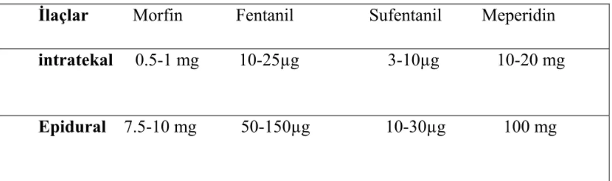 Tablo -9: Gebelerde Analjezik Amaçla kullanılan İntratekal Opioidler( (59)  İlaçlar          Morfin            Fentanil                 Sufentanil         Meperidin  intratekal     0.5-1 mg         10-25µg                    3-10µg             10-20 mg 