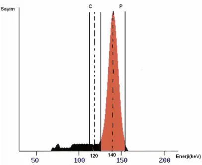 Şekil 5.  Tc-99m’e özgü karakteristik 140 KeV’lik gama fotopiki ve saçılan 