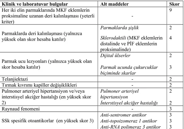 Tablo 2.  ACR/EULAR tarafından oluşturulan SSk sınıflama kriterleri(96) *