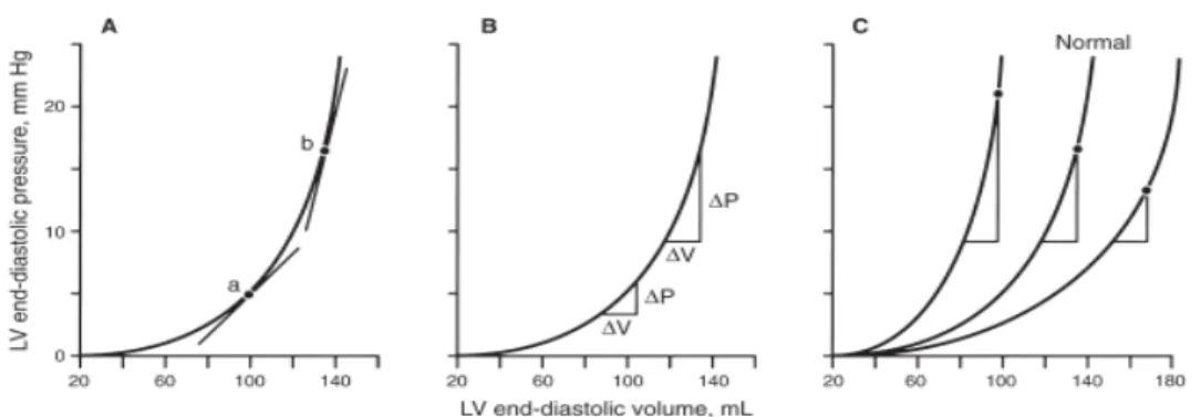 Şekil   1.   LV   basınç-hacim   ilişkileri.   Farklı   basınçlardaki   (Panel   A,   a   ve   b)   teğetin   eğimi   aynı ventrikülde farklı diyastol sonu hacim ve basınçlarda odacık kompliyansını temsil etmektedir