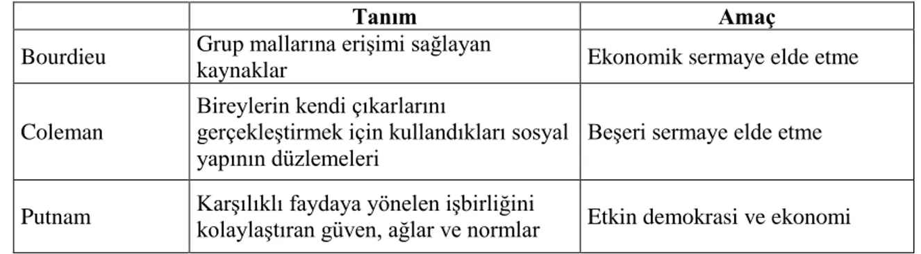 Tablo 1: Sosyal Sermaye Kavramının Üç Klasik İsimde Farklılaşan Tanımları 