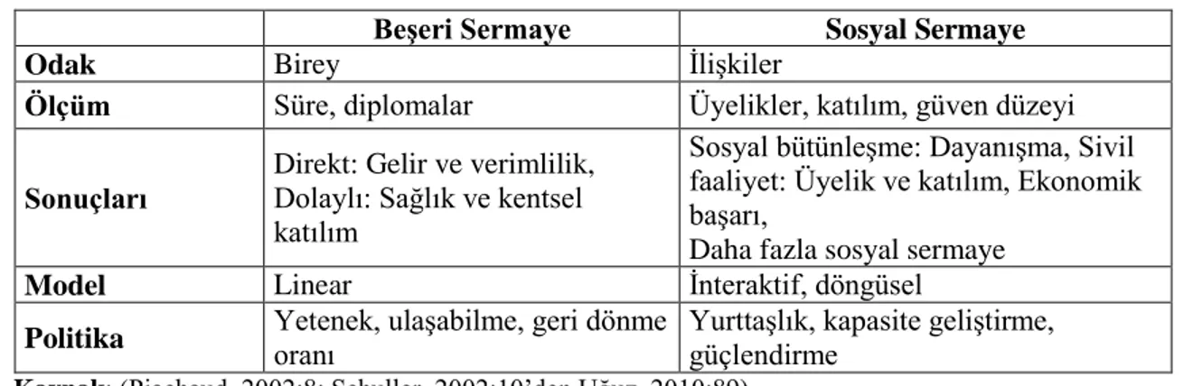 Tablo 4: Beşeri Sermayenin Sosyal Sermayeden Farklılaşan Yönleri