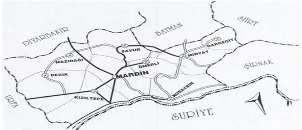ġekil 3.1. Mardin haritası ve Midyat‟ın yeri (Midyat Kaymakamlığı ArĢivi 2000).