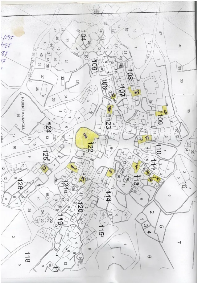 ġekil 4.1. ġırnak Ġli Ġdil Ġlçesi Haberli Köyü 1/2000 ölçekli kroki üzerinde incelenen konutların gösterimi (ġırnak  