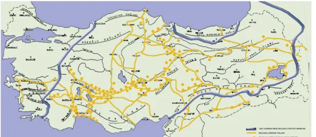 Şekil 4.1. Selçuklu Dönemi kervan yolları ve Selçuklu Kervansarayları (Bektaş 1999) 