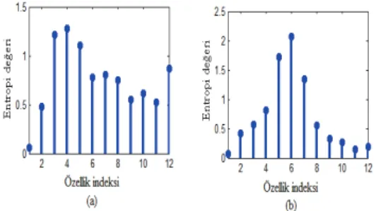 Şekil  7.  (a) Normal ve (b) OUA  hastalıklı  KHD  işaretlerinin elde edilen özellik grafiksel gösterimi 