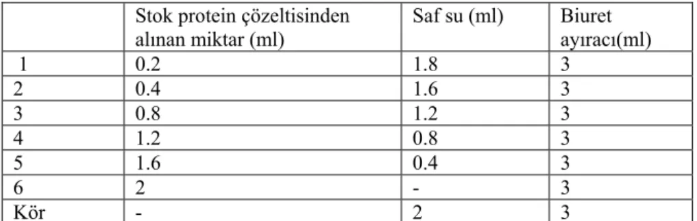 Tablo 4. Protein standardı hazırlanması 