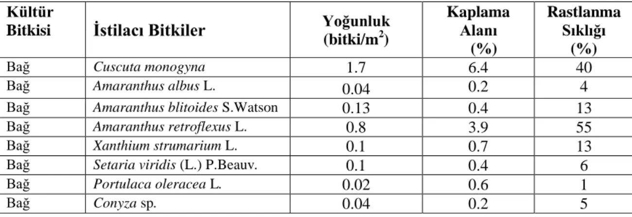 Çizelge 4.2. Diyarbakır Ġl genelinde 2018 yılı Bağ ekim alanlarında m 2  de görülen istilacı bitkilerin  