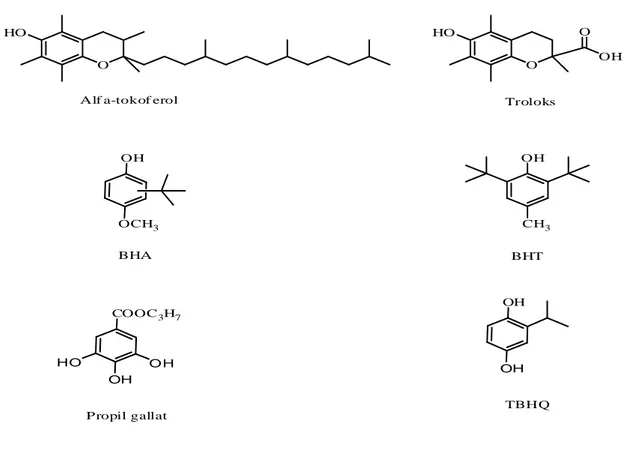 Şekil 1.2.Sıklıkla kullanılan bazı doğal ve sentetik antioksidanların açık kimyasal yapıları