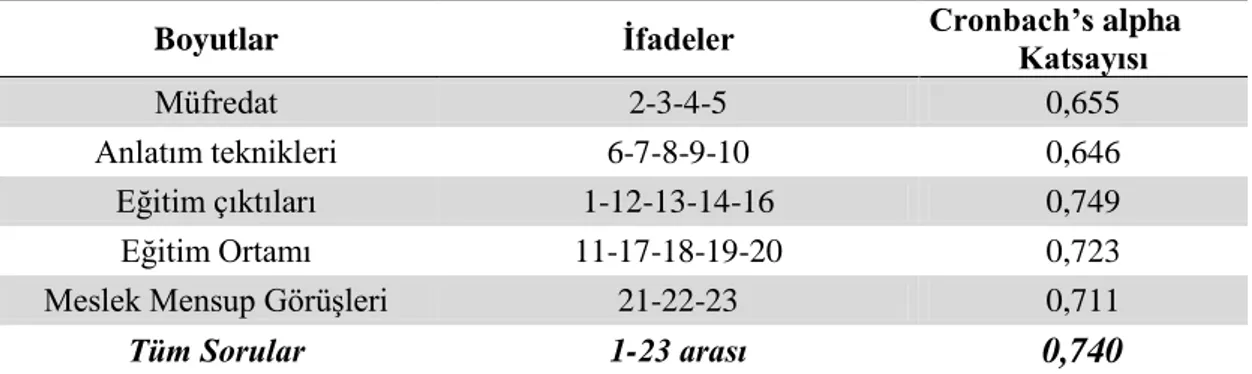 Tablo 17: Akademisyen Anket ÇalıĢmasının Boyutları ve Alpha Değerleri  Dağılım Tablosu 