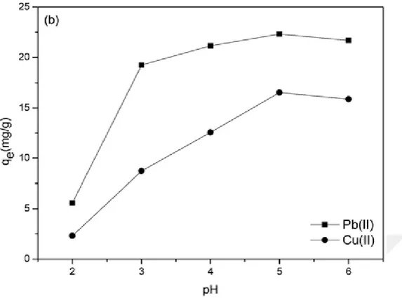 Şekil 4.7. Cu(II) ve Pb(II) iyonlarının YOK(a)  ve YOK/MnFe2O4 (b) üzerindeki        adsorpsiyonlarına pH etkisi çizimleri 