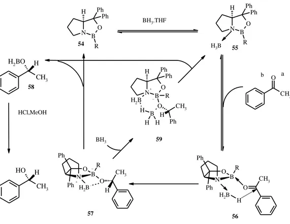 Şekil 2.35. Corey ve ark.(1987) tarafından oksazaborolidin 54 ile ketonların katalitik enantioseçimli 
