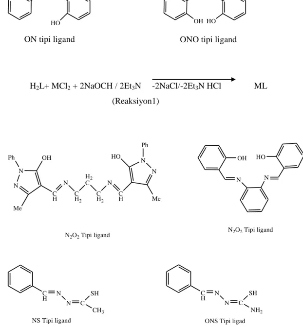 Şekil 2 NO, N2 O 2 , ONO, ONS, NS tipi ligandlara örnek Schiff Bazları  