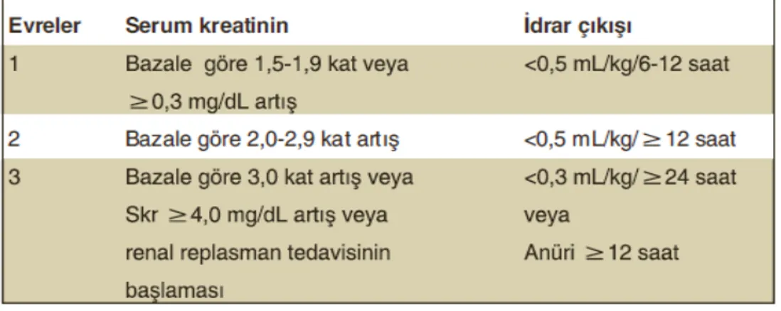 Tablo 1. KDIGO klavuzuna göre akut böbrek hasarının evreleri