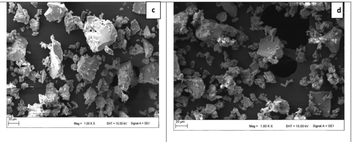 Figure 2. SEM images of different sizes of Titanium Dioxide (TiO2 ) particles a) 10kx, b) 5kx, c) 1kx, d) 1kx 