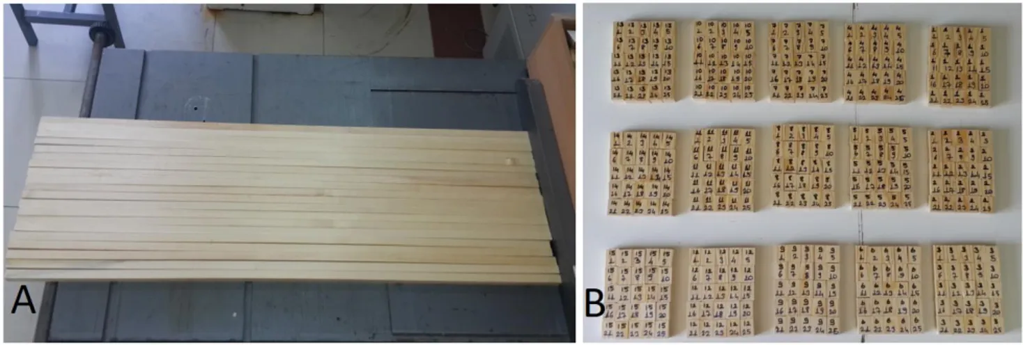 Şekil 1. Test örneklerinin hazırlandığı çıtalar (A) ve test örnekleri (B)  Metot 