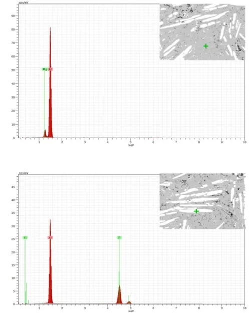 Şekil  2’deki  SEM  fotoğrafında  görülen  ve  alaşımların  mikro  yapısını  oluşturan  parçacıkları  daha  detaylı  analiz  edebilmek için numunelerin noktasal EDX analizleri yapılmış ve sonuçlar Şekil 3’de verilmiştir