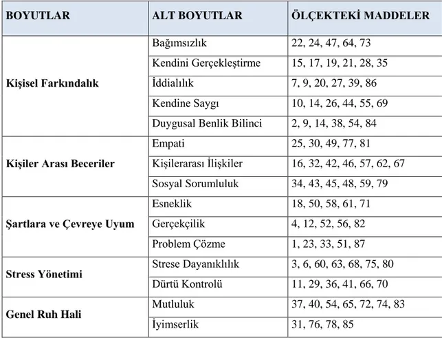 Tablo  9.  Reuven  Bar-On  Ölçeği  5  Ana  Boyut  ve  15  Alt  Boyuta  Göre  Anketteki  İfadelerin Dağılımı 