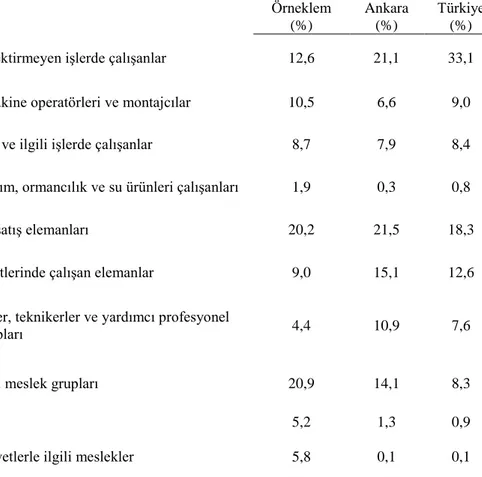 Tablo 8. Araştırmaya Katılanların Ebeveyn Mesleki Dağılımının 2017 Yılı Kayıtlı İş Gücünün 