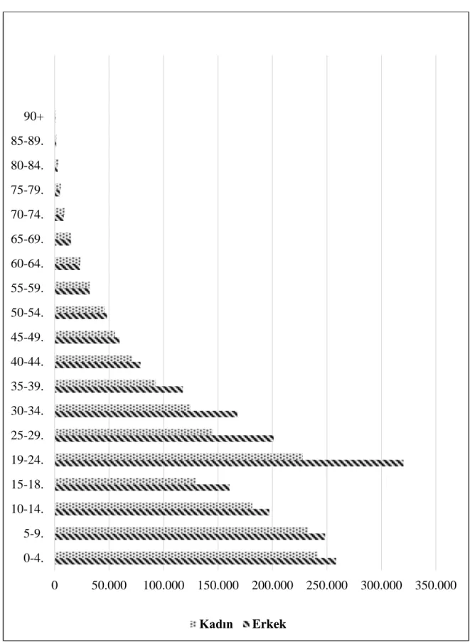 Grafik 3 : Türkiye’de Bulunan Suriyelilerin Yaş Gruplarına ve Cinsiyete Göre Dağılımı  (Kaynak: GİGM, 2018)