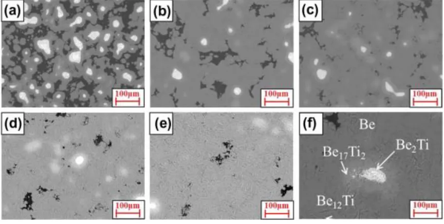 Fig. 4. SEM images for the beryllide plasma-sintered at 1273 K for different times, (a) 5, (b) 10, (c) 30, (d) 60, (e) 90 min and (f) 