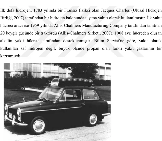 Şekil 1.7. 1970 yılında K. Kordesh tarafından  yaptırılan kamuya açık  yollarda hidrojenle                                                                               çalışan yakıt hücresi yolcu aracı (Kordesch ve diğerleri, 1999) 