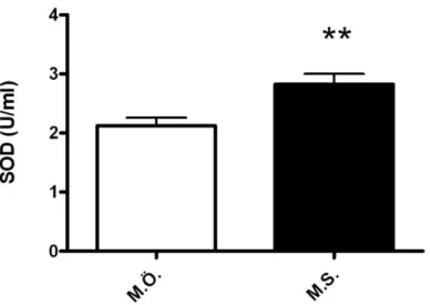 Şekil  7.  Elit  Boksörlerden  Müsabaka  Öncesi  (M.Ö.)  ve  Müsabaka  Sonrası  (M.S.)  Alınan Kan Örneklerinde SOD Düzeyleri