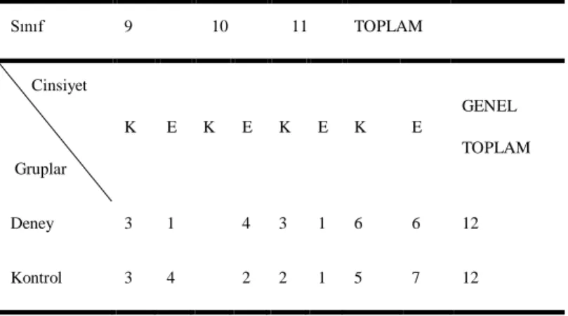 Tablo 5. Deney ve Kontrol Gruplarının Sınıf ve Cinsiyete Göre Dağılımı 