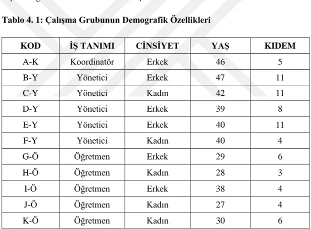 Tablo 4. 1: Çalışma Grubunun Demografik Özellikleri  