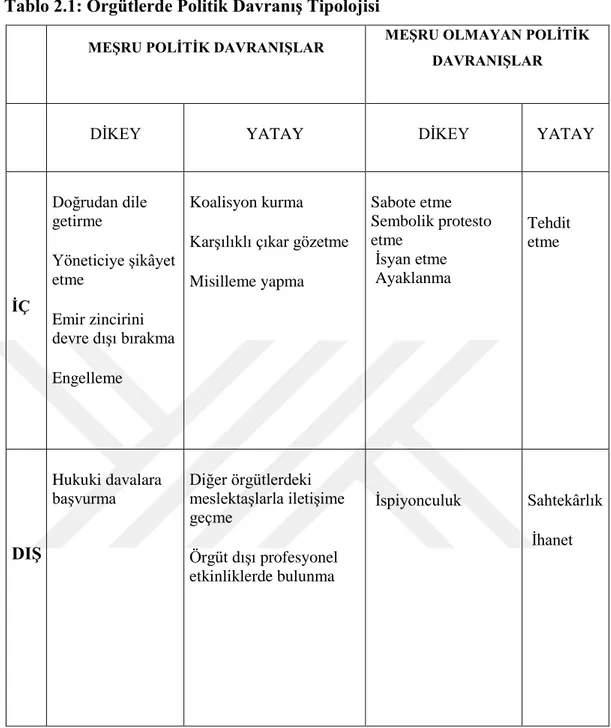 Tablo 2.1: Örgütlerde Politik Davranış Tipolojisi 