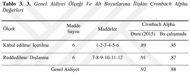 Tablo  3.  3.  Genel  Aidiyet  Ölçeği  Ve  Alt  Boyutlarına  İlişkin  Cronbach  Alpha 