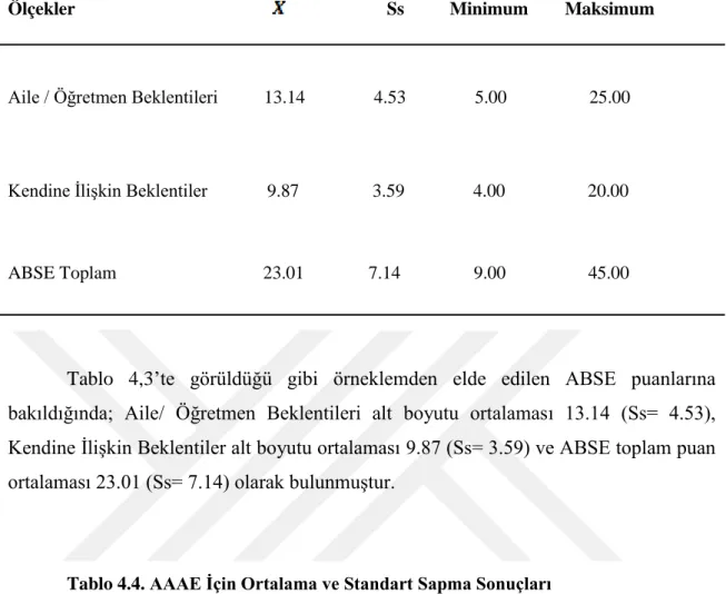 Tablo 4.3. ABSE İçin Ortalama ve Standart Sapma Sonuçları 