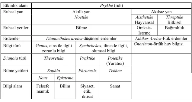 Tablo 1. 2. Aristoteles’te yetiler sınıflandırması ve bilgi alanları 