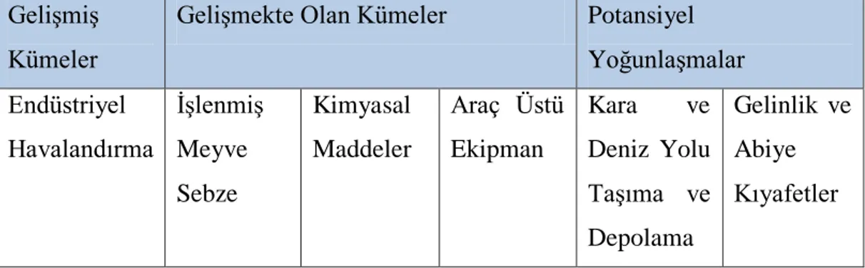 Tablo 4.7 : Ġzmir Bölgesinde Belirlenen Kümeler 