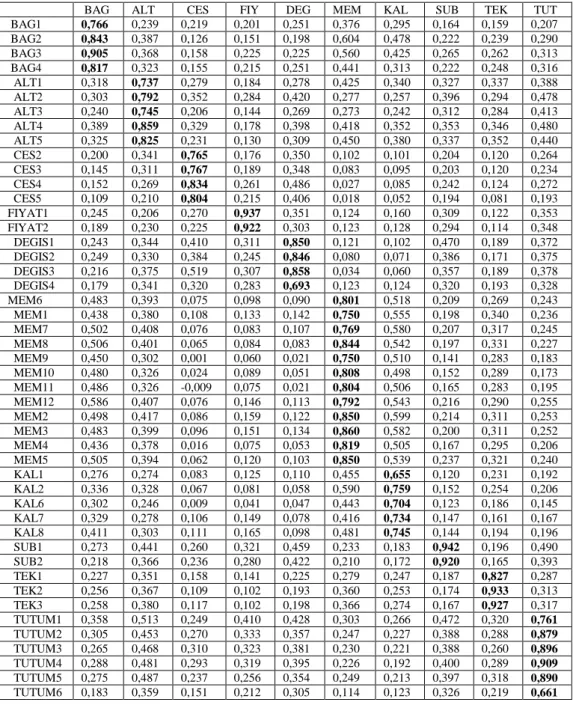 Tablo 3. 8- Çapraz Yüklemeler Tablosu 